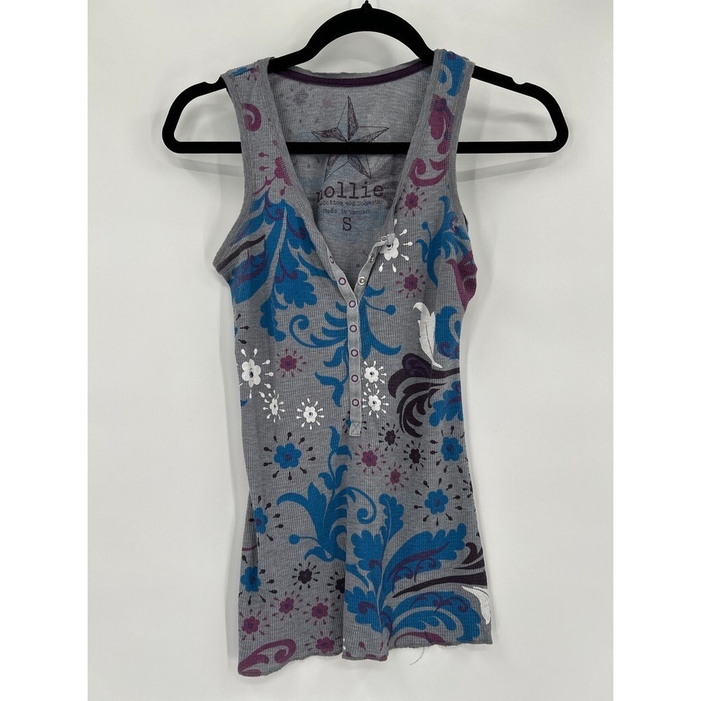 Nollie Womens Size S Gray Floral Print V-Neck Snap Front Y2K Sleeveless Tank